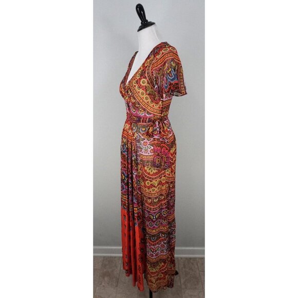 Anthropologie Murol Wrapped Multicolor Red Orange Foral Boho V-Neck Maxi Dress 4 - Picture 6 of 10
